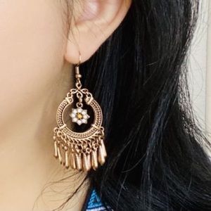 Vintage Gold Exquisite Flower Drop Earring, Golden White Beads Hook Earrings